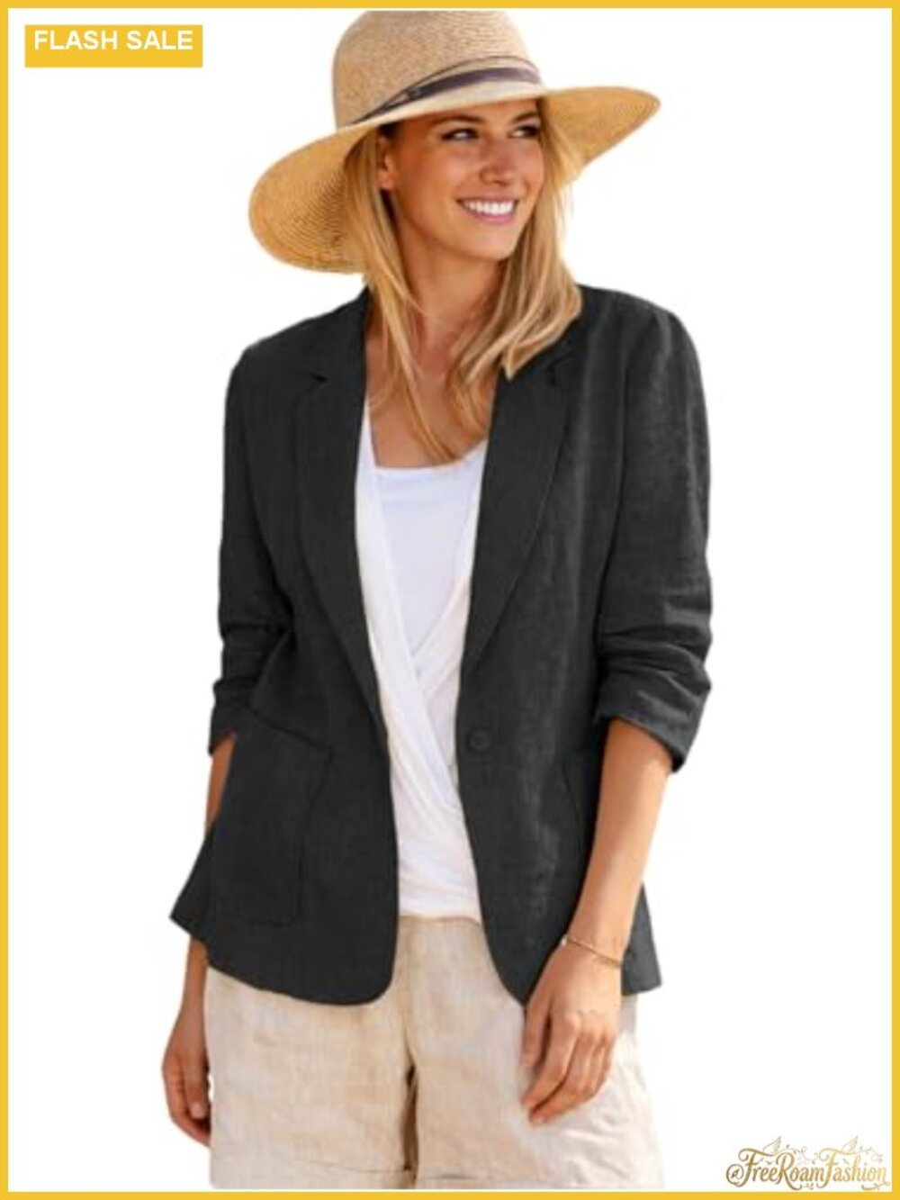Linen Blend Lightweight Blazer Jacket 3/4 Sleeve Ruched Business Casual